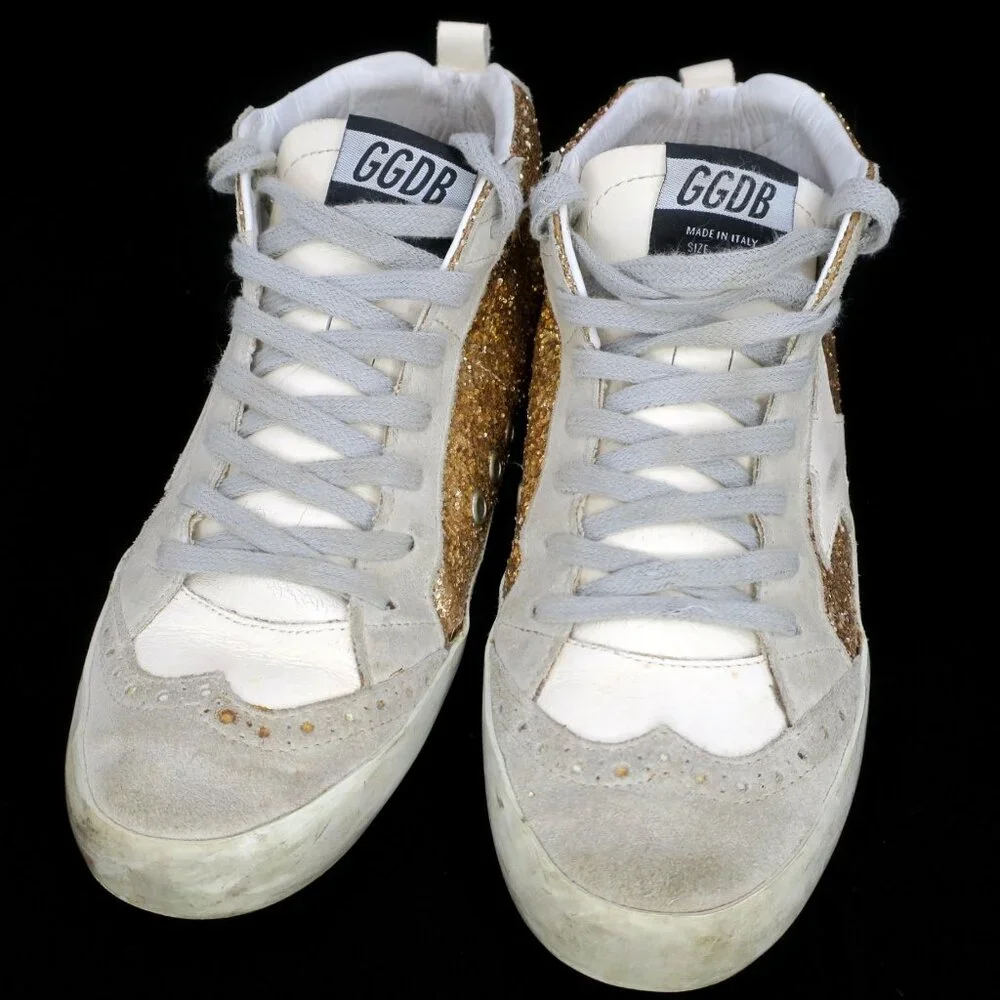 Golden Goose Mid Star Gold Glitter Midstar LE Sneakers Women 37 7M Made in Italy - Picture 2 of 15